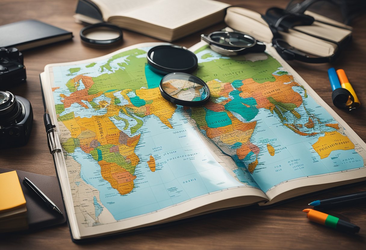 A map laid out on a table with travel guides and a notebook, surrounded by colorful markers and pens