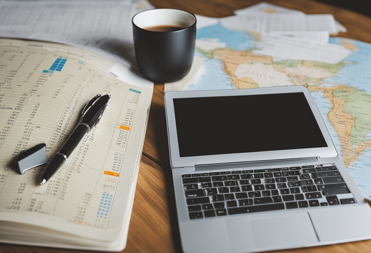 A table with a calendar, map, and pen. A laptop showing a schedule. A cup of coffee and a notebook with activity ideas