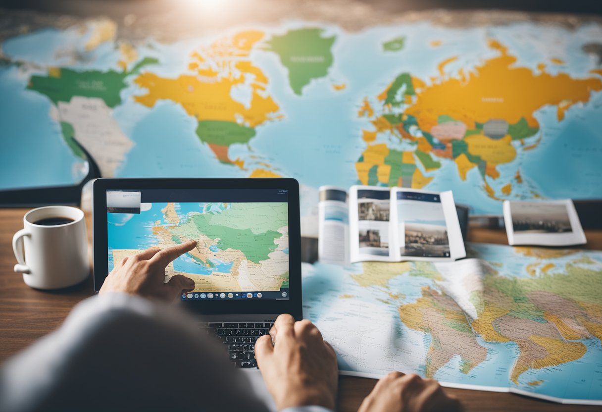 A person using a laptop to plan a trip, surrounded by travel guides and a world map