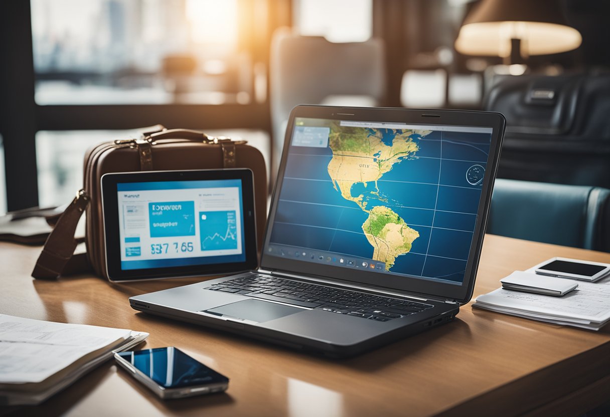 A laptop open on a desk with a map, budget calculator, and travel itinerary displayed on the screen. A suitcase and passport on the side