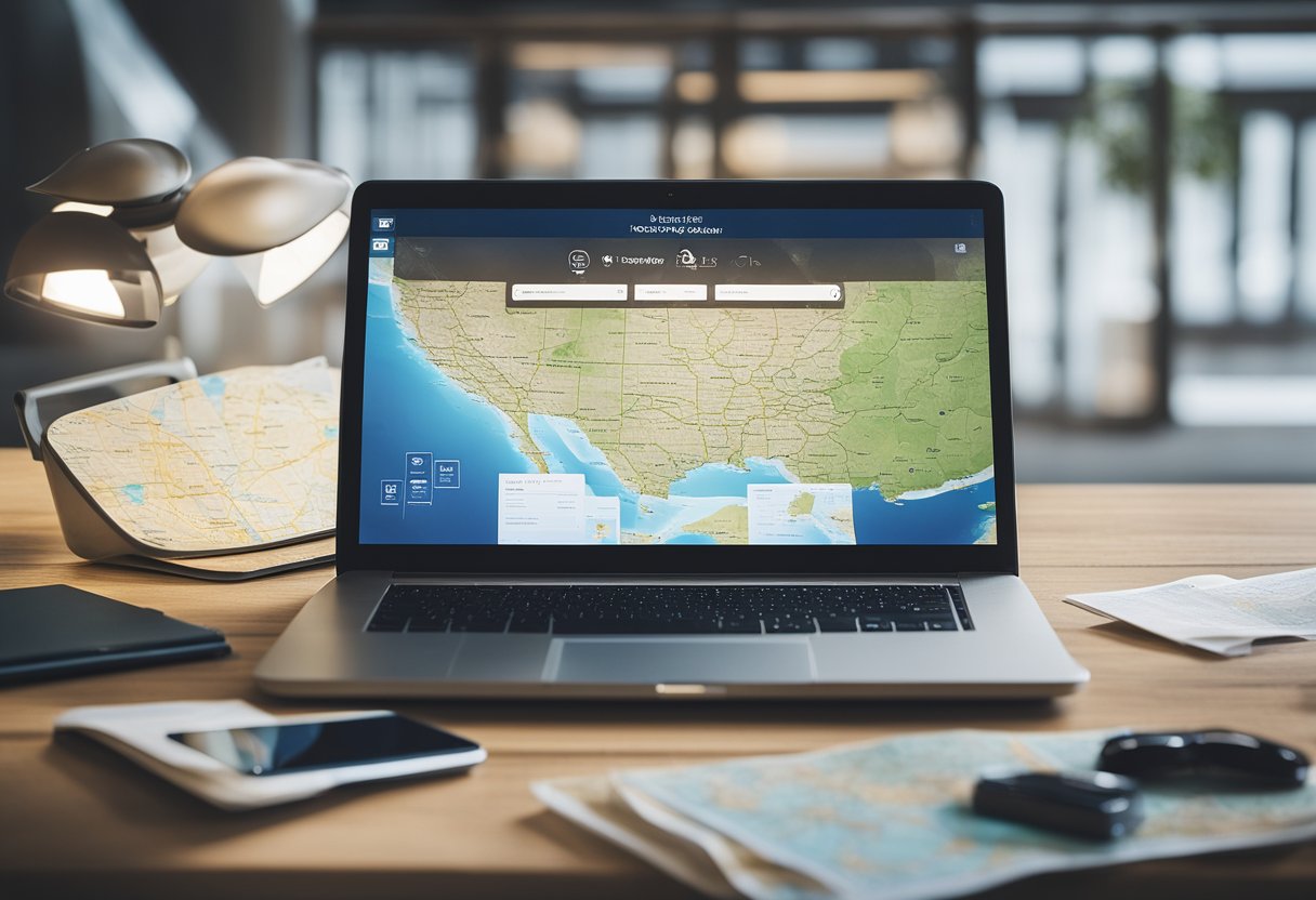A laptop open on a desk, with a map and travel guides scattered around. A smartphone displaying a travel planning app