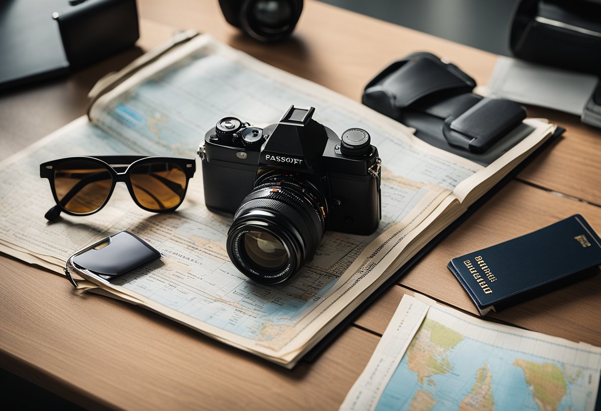 A checklist with passport, tickets, and travel documents laid out on a table, surrounded by a map, camera, and sunglasses