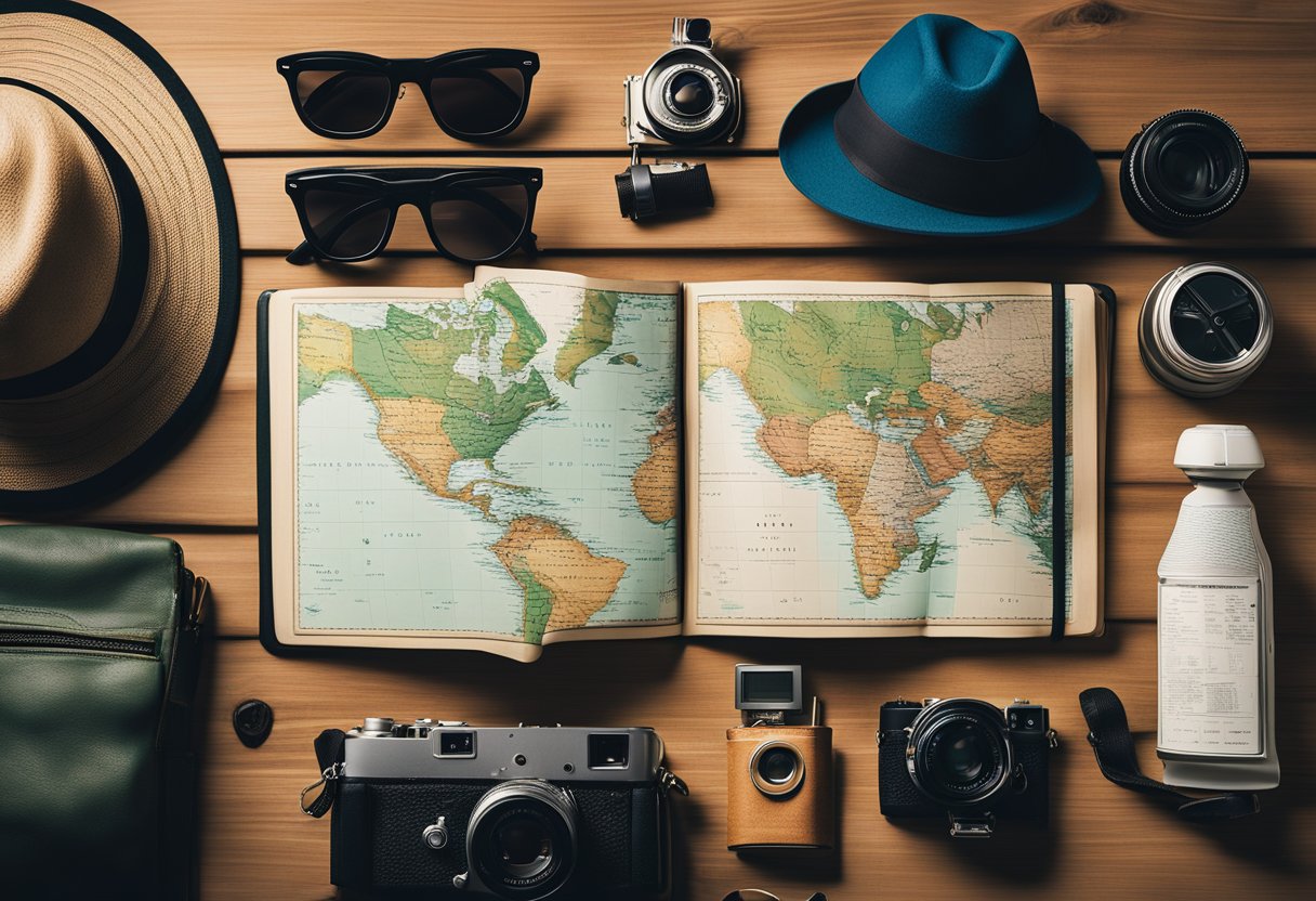 A checklist of travel clothing and accessories laid out on a table, including a passport, sunglasses, a hat, a camera, and a map