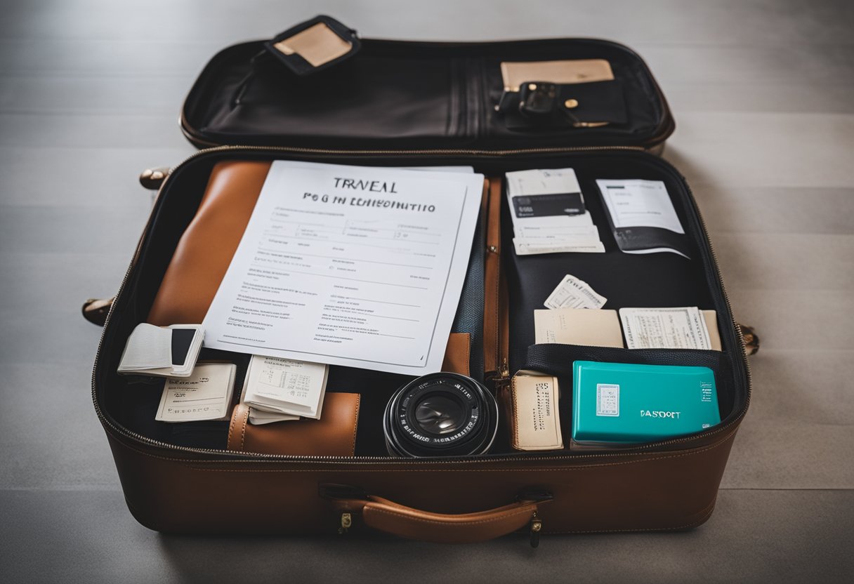 A travel checklist with items neatly arranged: passport, tickets, toiletries, and clothes folded in a suitcase