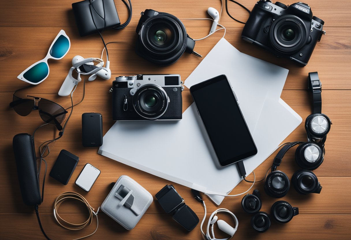 A travel checklist of electronics laid out neatly on a table, including a camera, phone, charger, and headphones