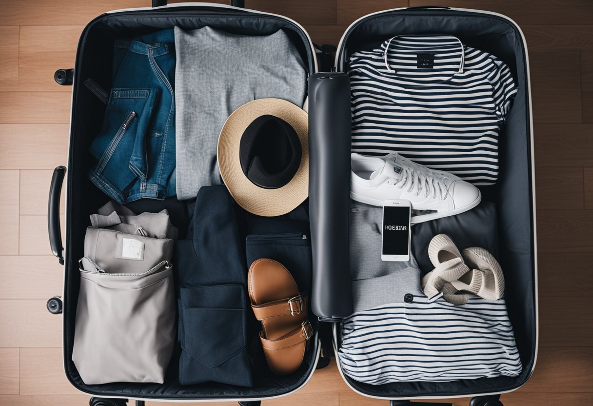 A suitcase open on a bed, with clothes neatly folded and toiletries organized in a clear bag. A checklist of travel essentials sits nearby