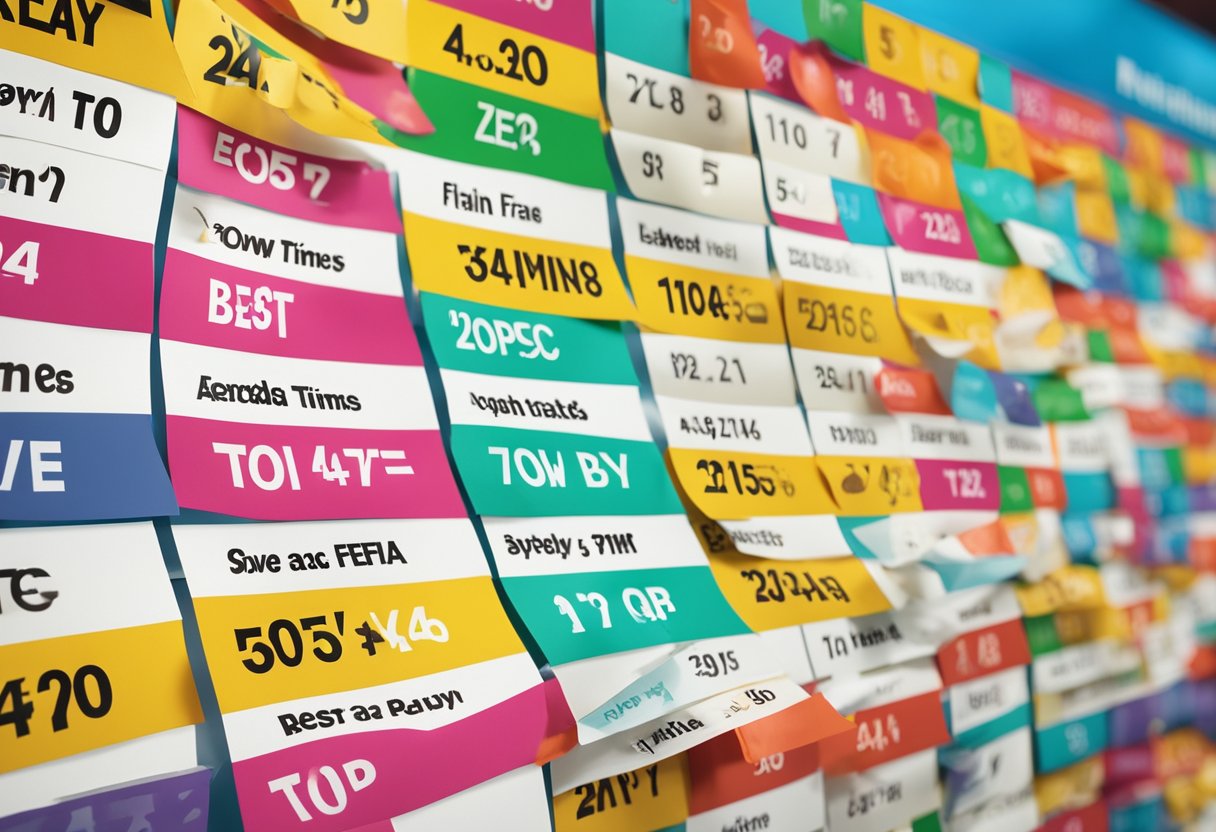 A colorful calendar with "Best Times to Buy" and "How to Save on Airfare" highlighted. Airplanes and money symbols scattered around