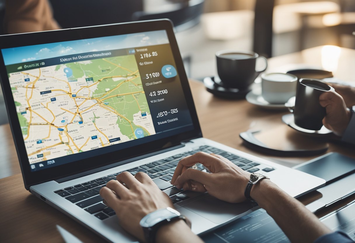 A traveler comparing flight prices online, with a map in the background showing different destinations