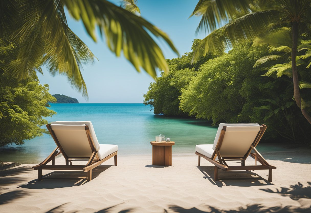 A serene beach with empty lounge chairs and calm waters, surrounded by lush greenery, under a clear blue sky