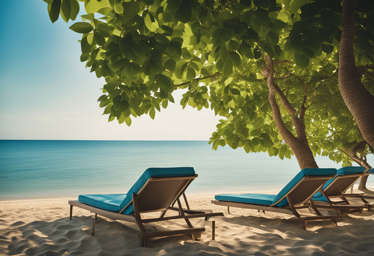 A serene beach with empty lounge chairs and calm waters, surrounded by lush greenery under a clear blue sky