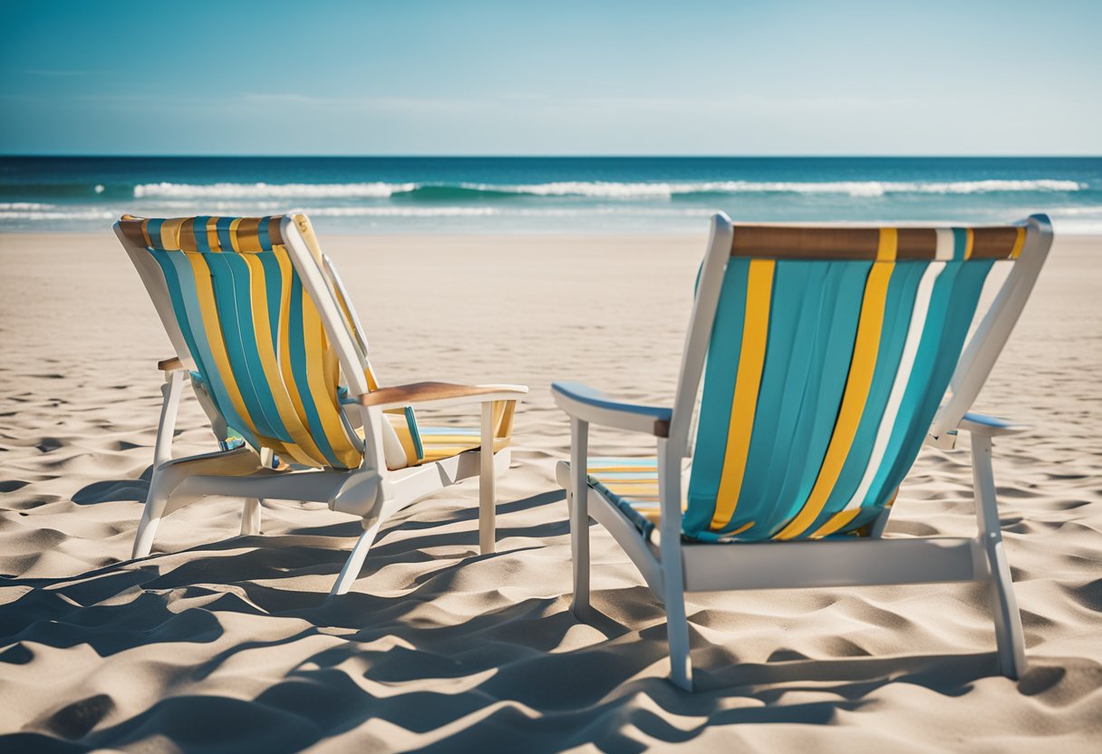 A tranquil beach with empty lounge chairs, calm waves, and a clear blue sky, showcasing the peacefulness of traveling during the off-peak season