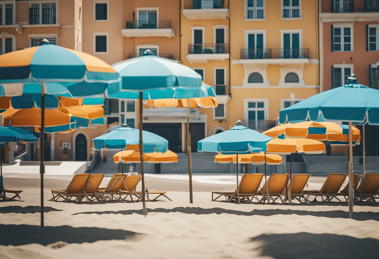 A tranquil beach with empty lounge chairs and umbrellas, calm ocean waves, and a clear blue sky. Deserted streets with colorful buildings and locals going about their day