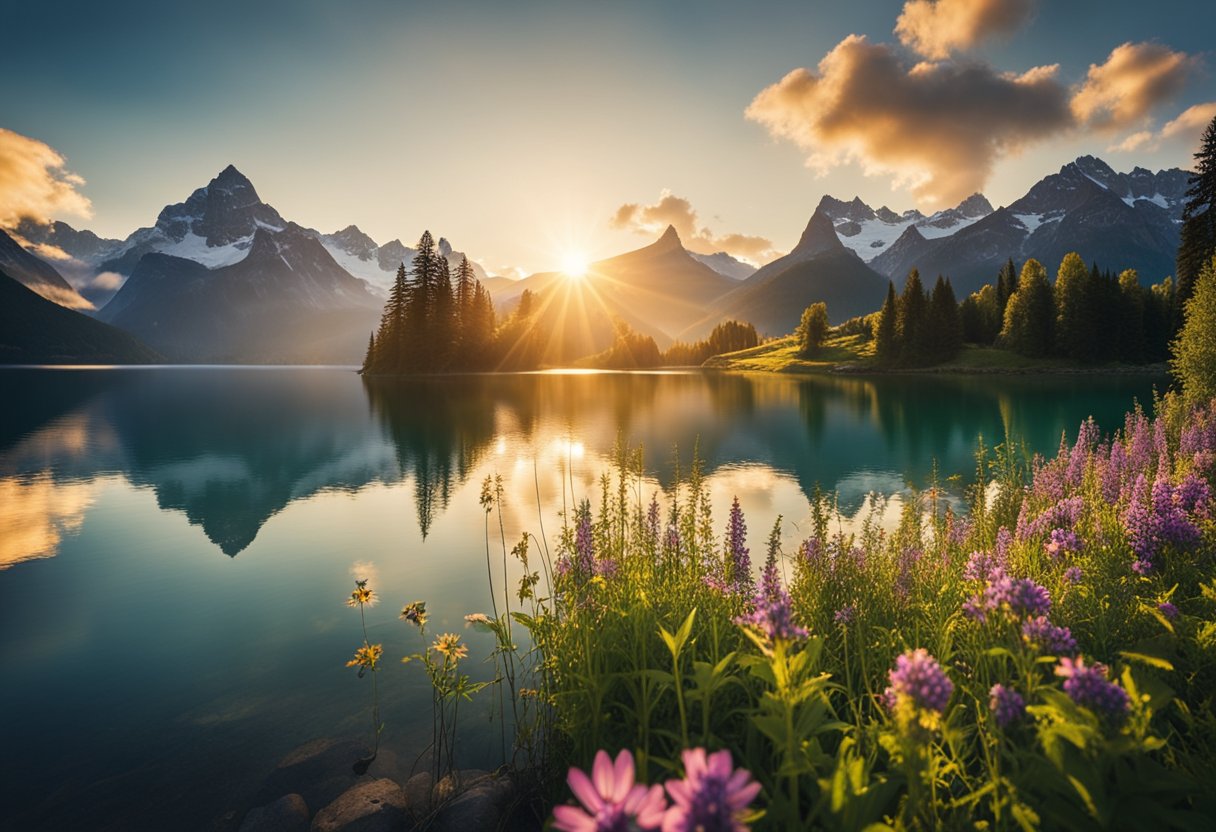 A serene lake reflects the towering peaks of the Swiss Alps, surrounded by lush green forests and colorful wildflowers. The sun sets behind the mountains, casting a warm glow over the tranquil scene