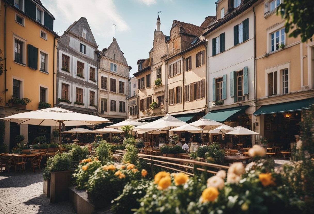 A picturesque European street lined with charming cafes, wine bars, and gourmet shops. A bustling atmosphere with colorful outdoor seating and historic architecture