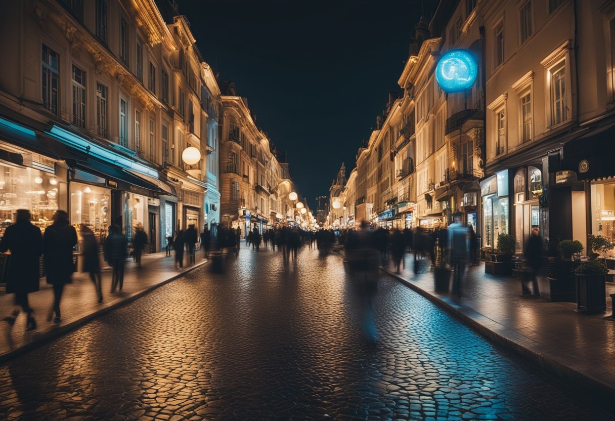 A bustling European city at night, with vibrant nightlife and entertainment venues. Iconic landmarks and colorful lights illuminate the lively streets