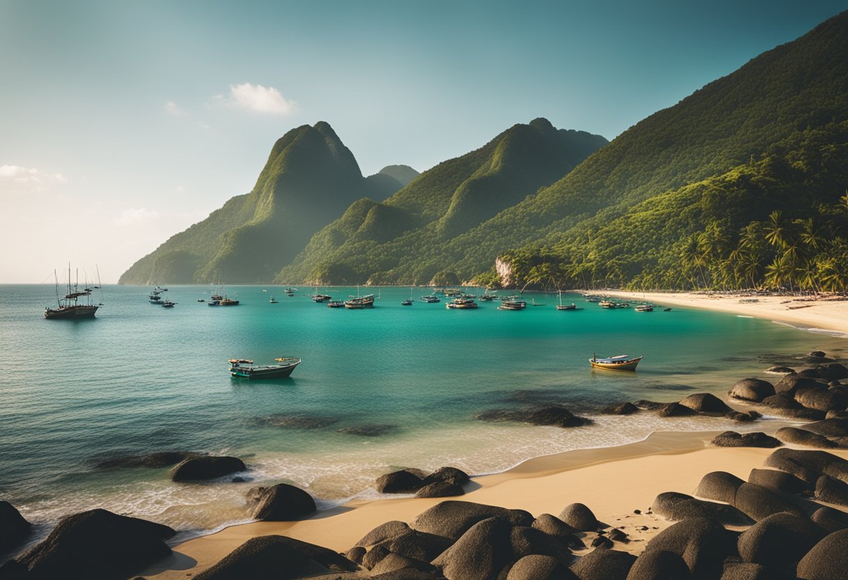 The Brazilian coastline, with palm-fringed beaches and turquoise waters, stretches into the distance, bordered by lush green mountains and colorful fishing boats dotting the shore