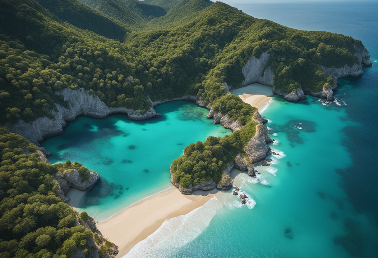 Aerial view of pristine beaches with turquoise waters and golden sands, surrounded by lush greenery and vibrant cliffs