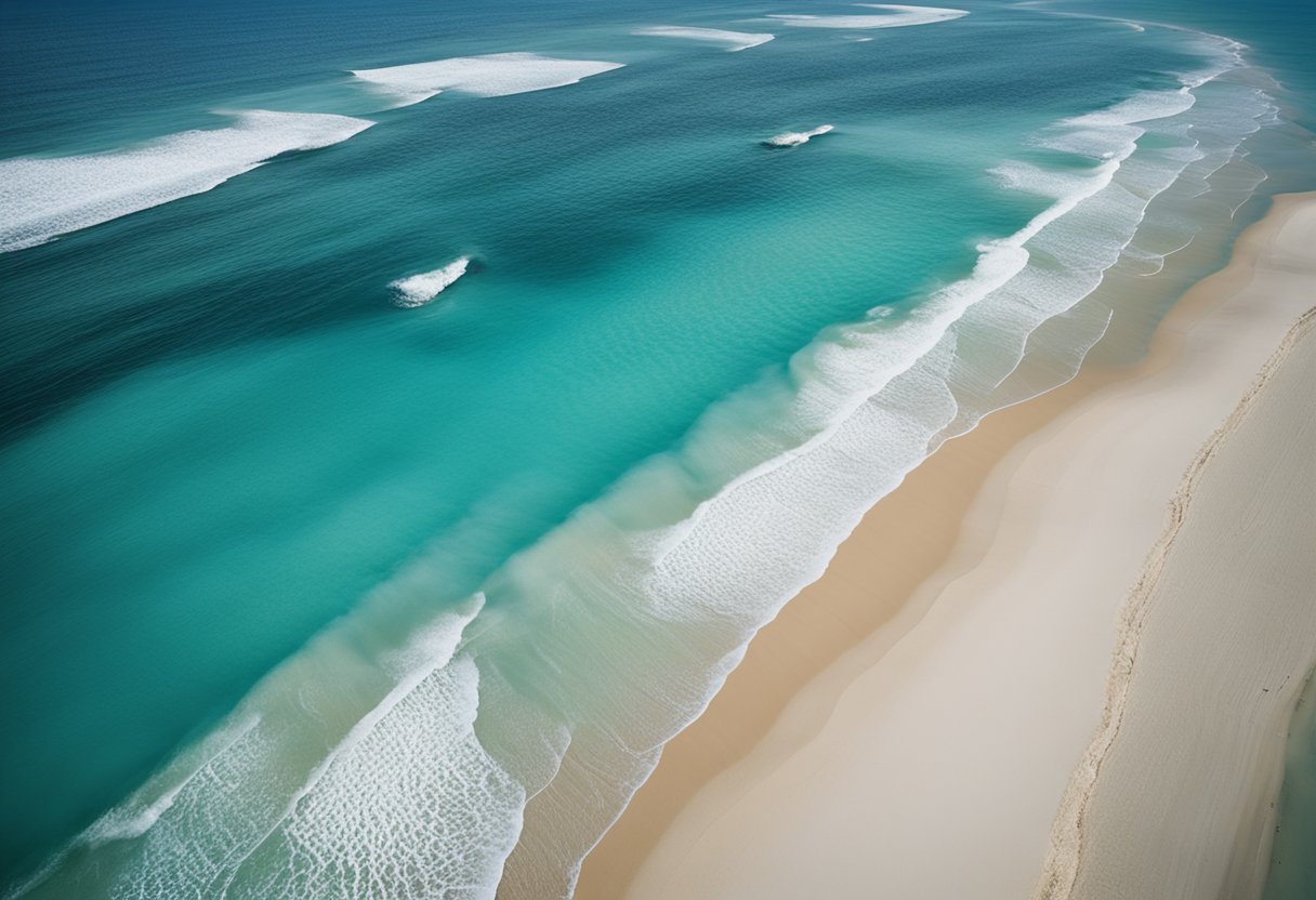 Aerial view of pristine beaches with clear blue waters and white sand, surrounded by lush greenery and rocky cliffs