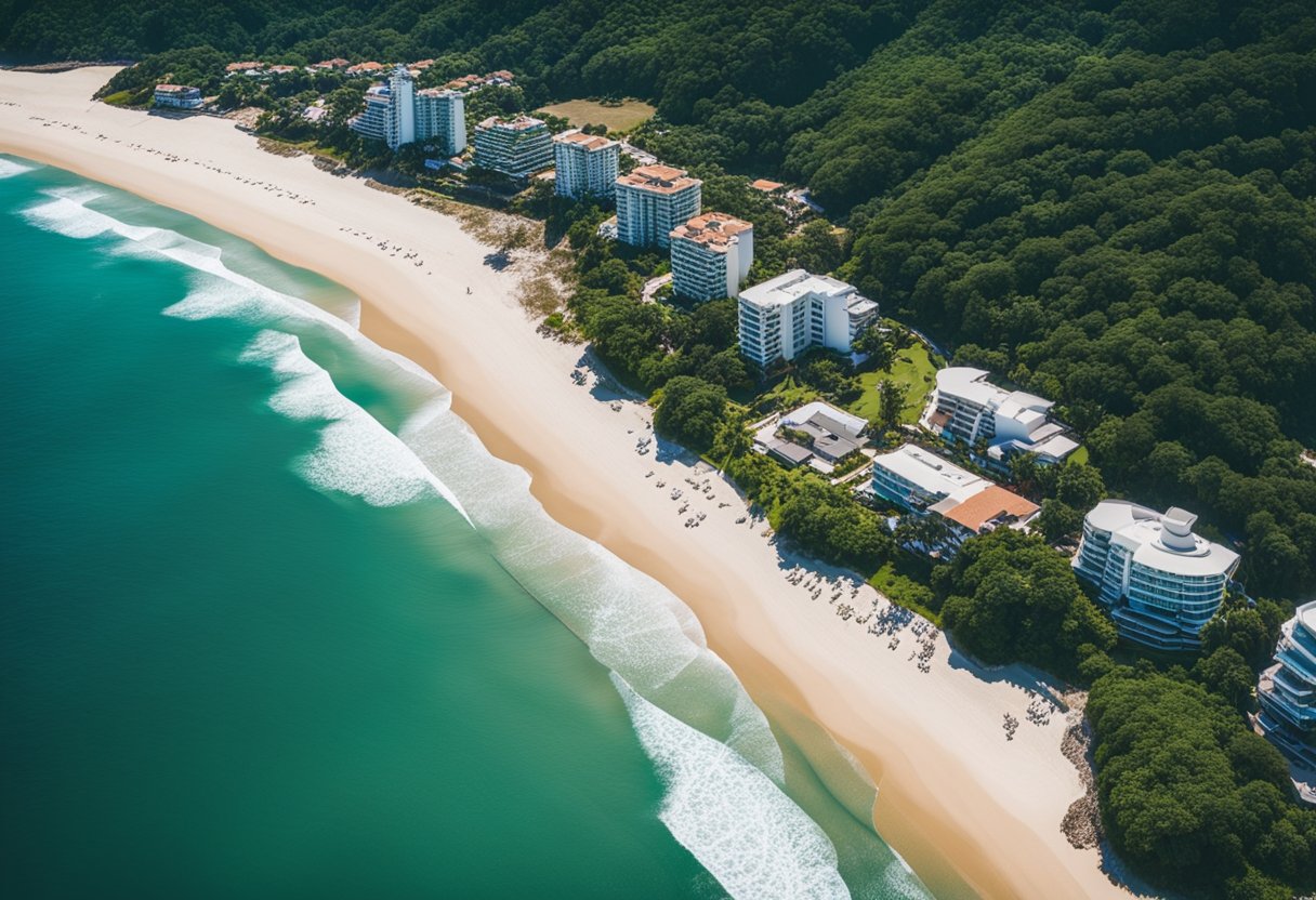 Aerial view of Praias do Sul, Brazil's best beaches, with clear blue waters, white sandy shores, and lush greenery along the coastline