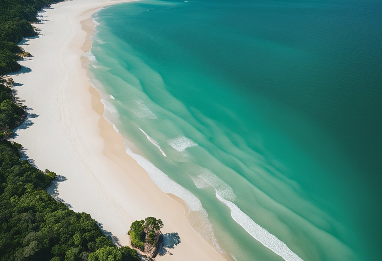 Aerial view of Brazil's best beaches, with clear turquoise waters, white sands, and lush greenery along the coastline