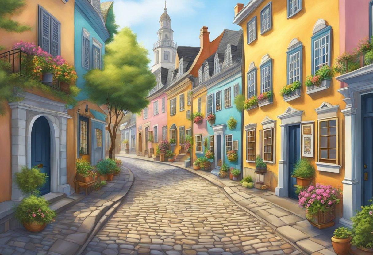 A cobblestone street winds through a charming colonial town, with colorful buildings and a central plaza bustling with activity