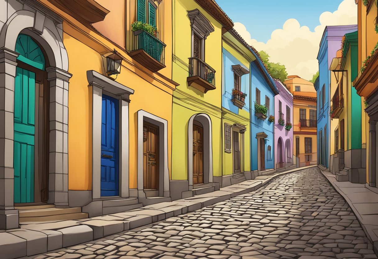 A cobblestone street winds through colorful colonial buildings in a historic Latin American city. The architecture reflects the region's rich cultural and architectural heritage