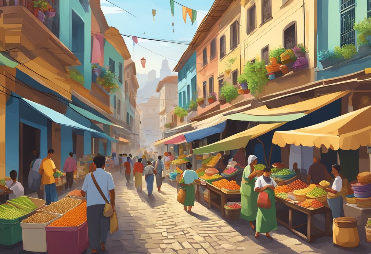 A bustling market in a historic Latin American city, with colorful buildings, cobblestone streets, and locals selling traditional crafts and foods