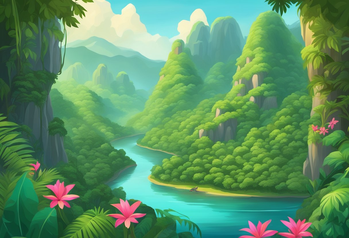 A lush jungle with vibrant flora and winding rivers, surrounded by towering mountains and hidden caves. A sense of mystery and adventure fills the air