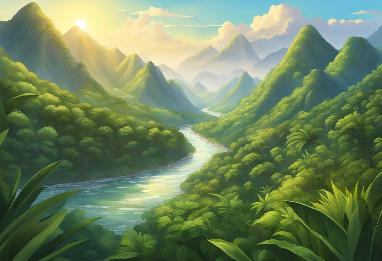 A rugged mountain peak rises above a lush jungle, with a winding river cutting through the dense foliage. The sky is clear, and the sun casts a warm glow over the scene