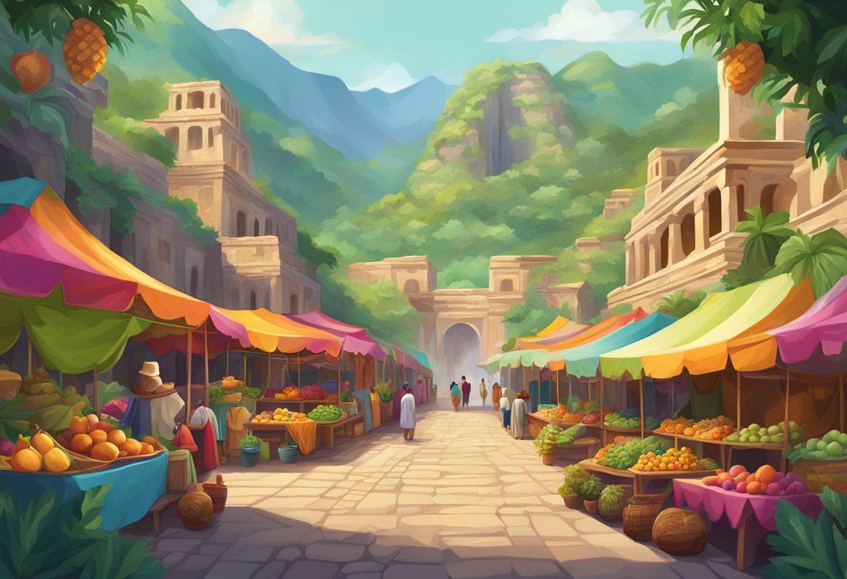 A vibrant marketplace with colorful textiles and exotic fruits, surrounded by lush green mountains and mysterious ancient ruins