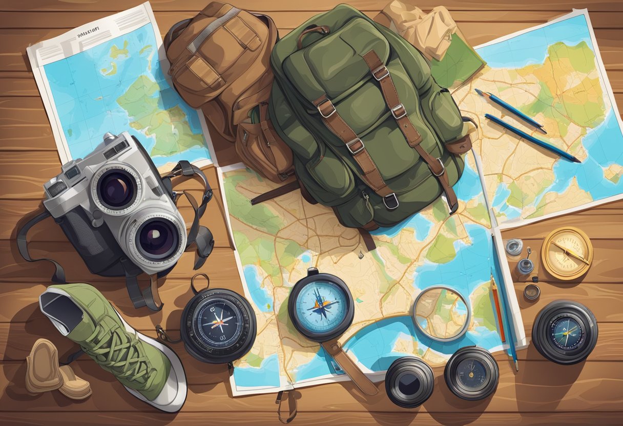 A table with maps, compass, and hiking gear. A backpack and camera on the floor. A poster with exotic destinations on the wall