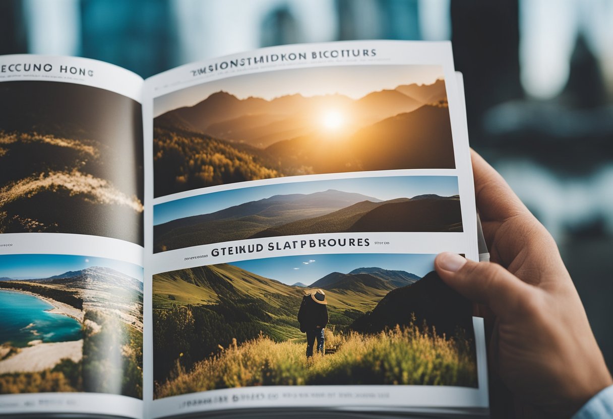 A person browsing through travel brochures for weekend getaways near big cities