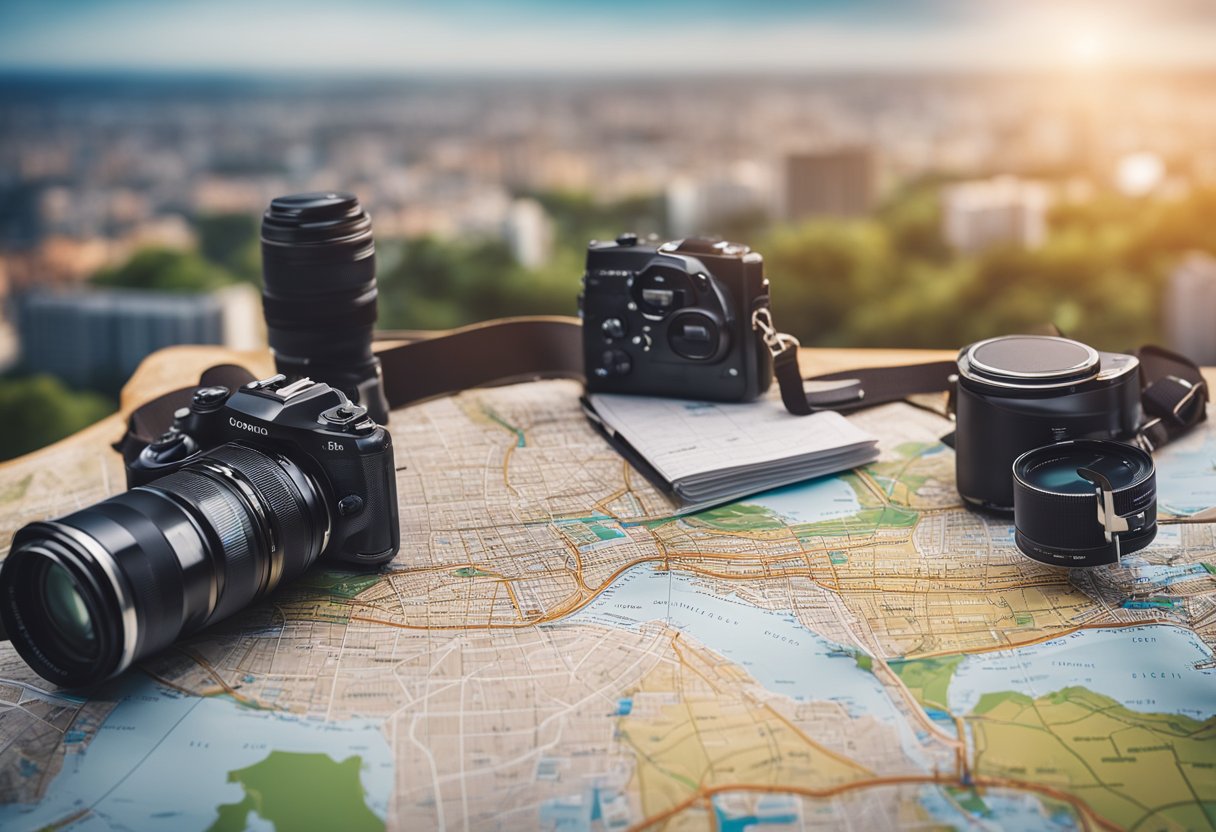 A map with highlighted routes near city skylines, surrounded by travel essentials like a backpack, camera, and guidebook