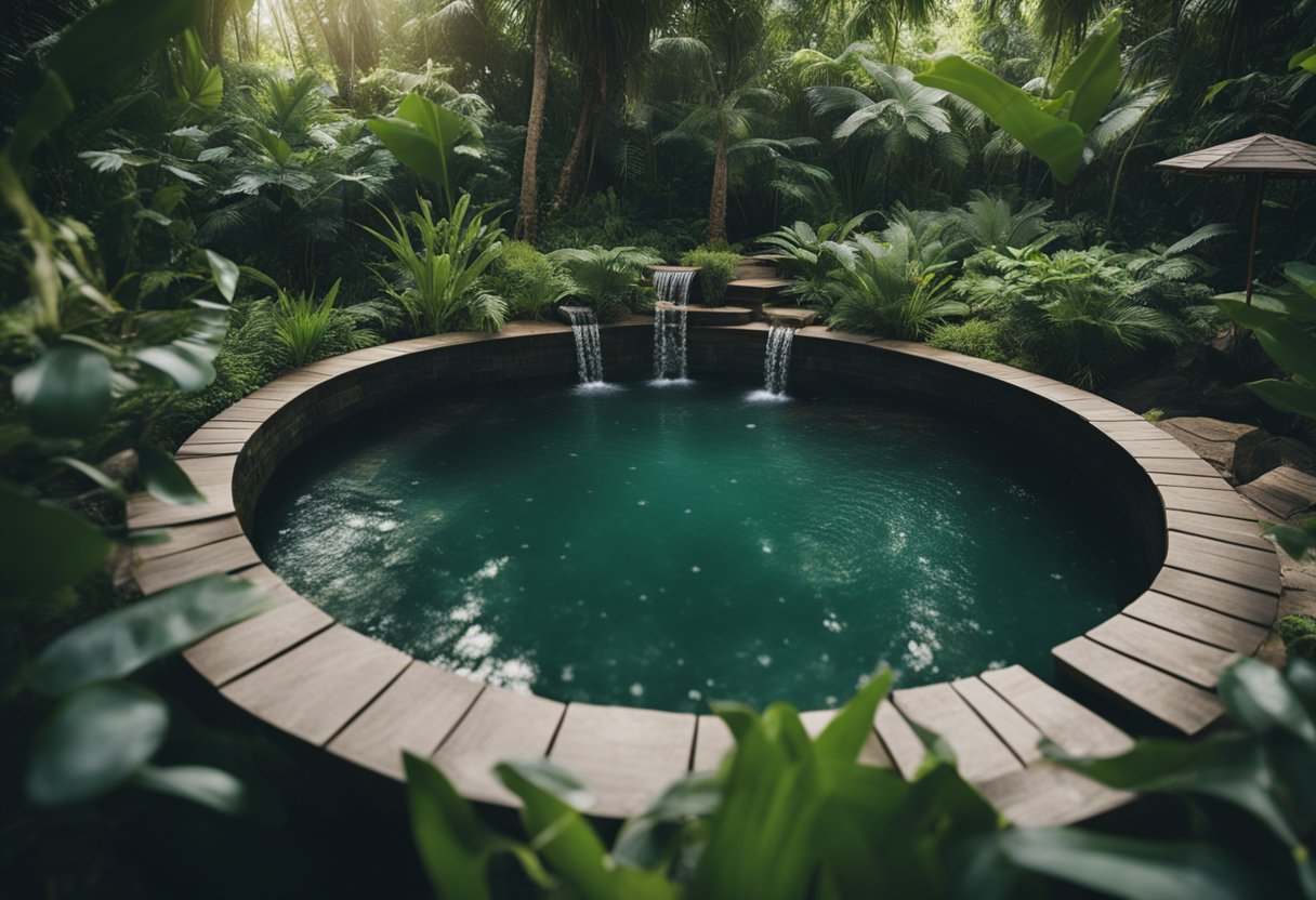 A serene spa nestled in nature, with a bubbling hot spring and lush greenery. The sound of birds chirping and the scent of eucalyptus fills the air