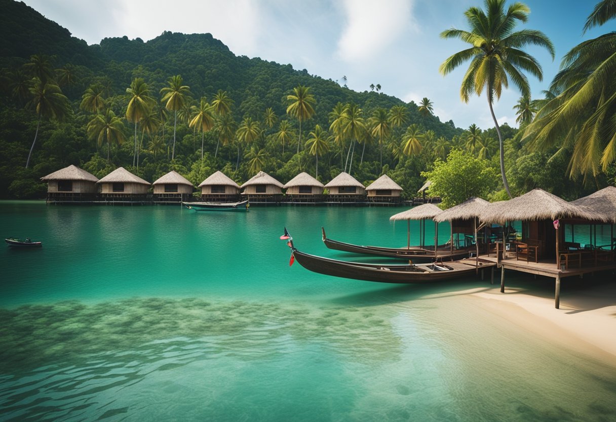 Lush tropical islands with colorful huts, palm trees, and crystal-clear waters. Local cultural elements like traditional boats, music, and dance