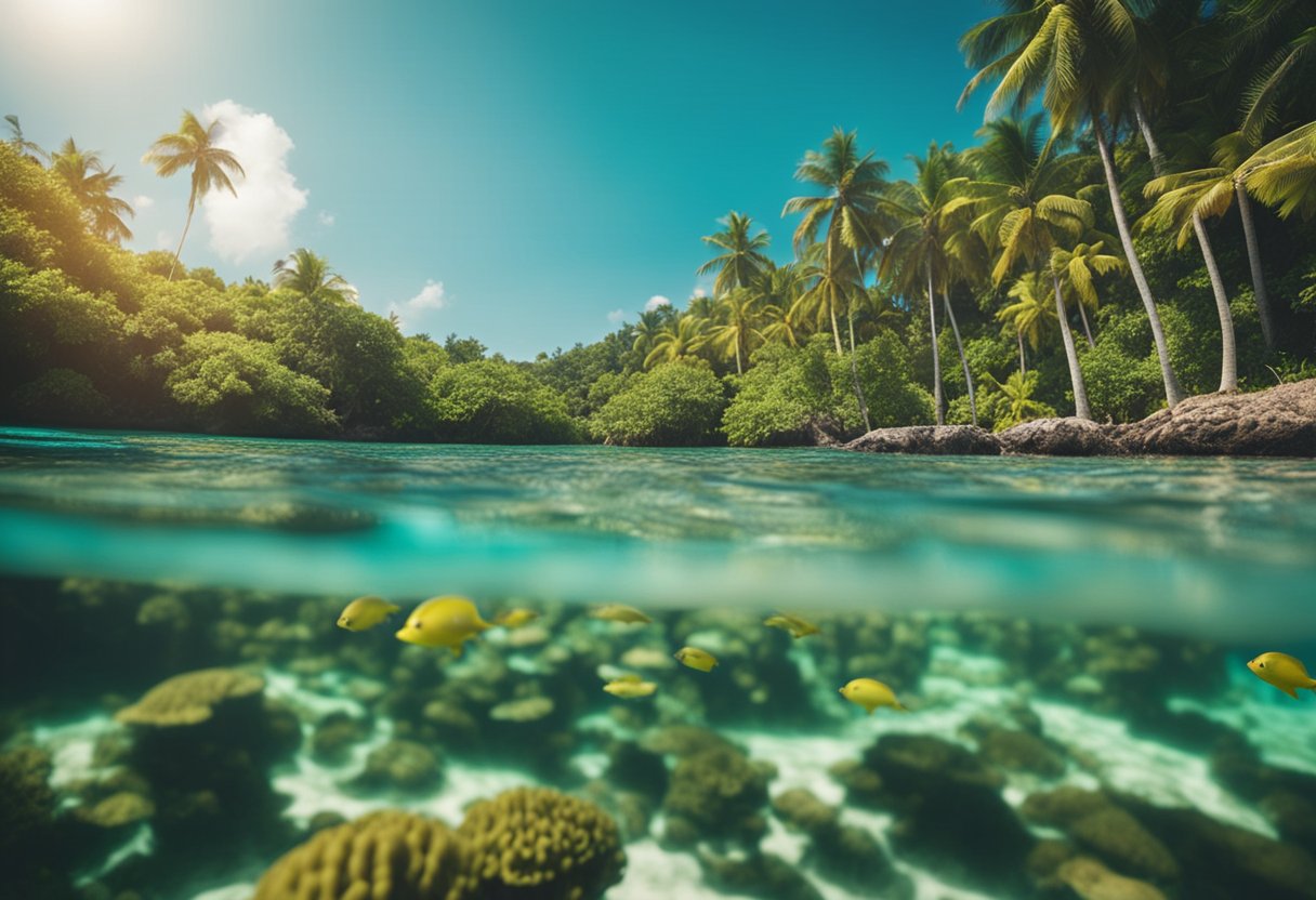 Crystal clear waters surround lush, green islands with white sandy beaches and palm trees. Colorful tropical fish swim among vibrant coral reefs