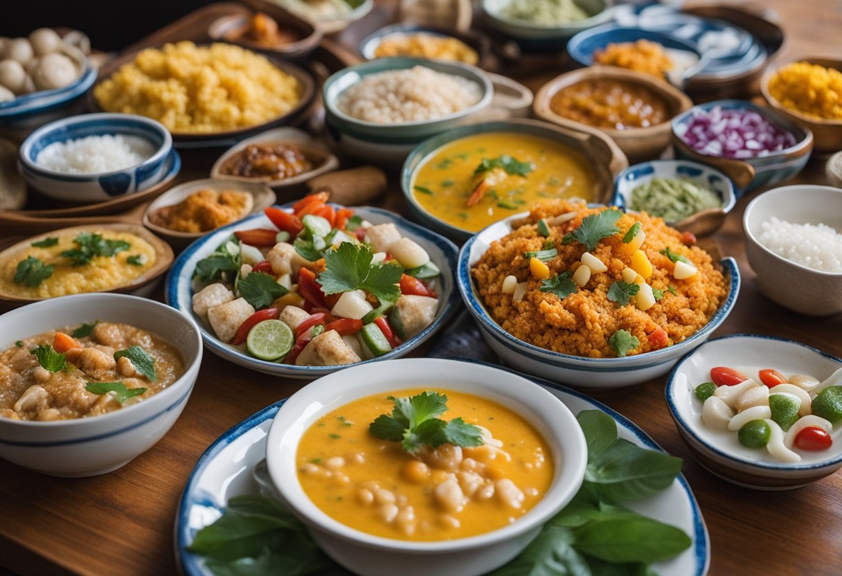 A table filled with colorful dishes from the Northeast region, including acarajé, tapioca, and moqueca. The vibrant colors and textures of the food create an inviting and appetizing scene