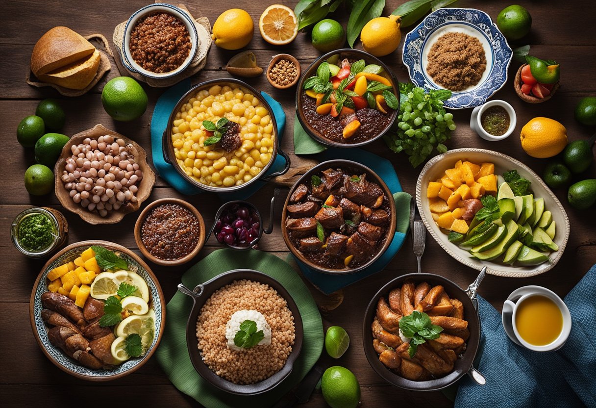 Colorful array of Southern Brazilian dishes on a rustic table, including feijoada, churrasco, and barreado, surrounded by vibrant tropical fruits and traditional utensils