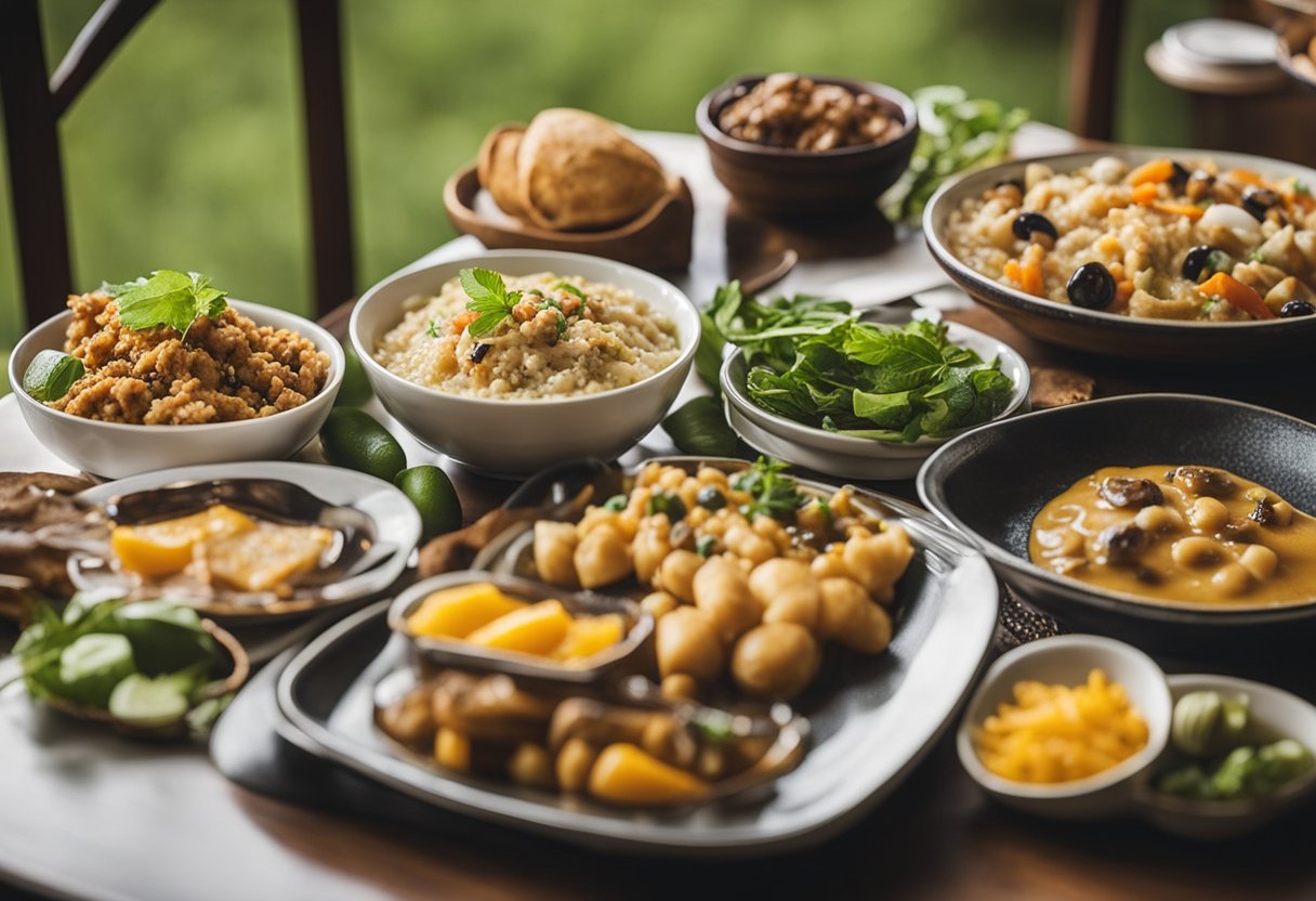 A table set with traditional dishes from the Midwest, including pamonha, pequi, and guariroba. Colorful and appetizing