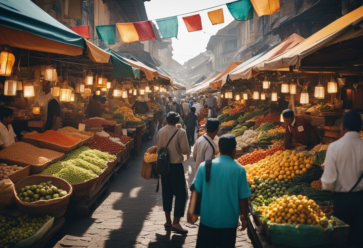 A bustling historical market with colorful stalls, vibrant produce, and diverse vendors from around the world. The air is filled with the aroma of exotic spices and the sounds of bargaining and laughter