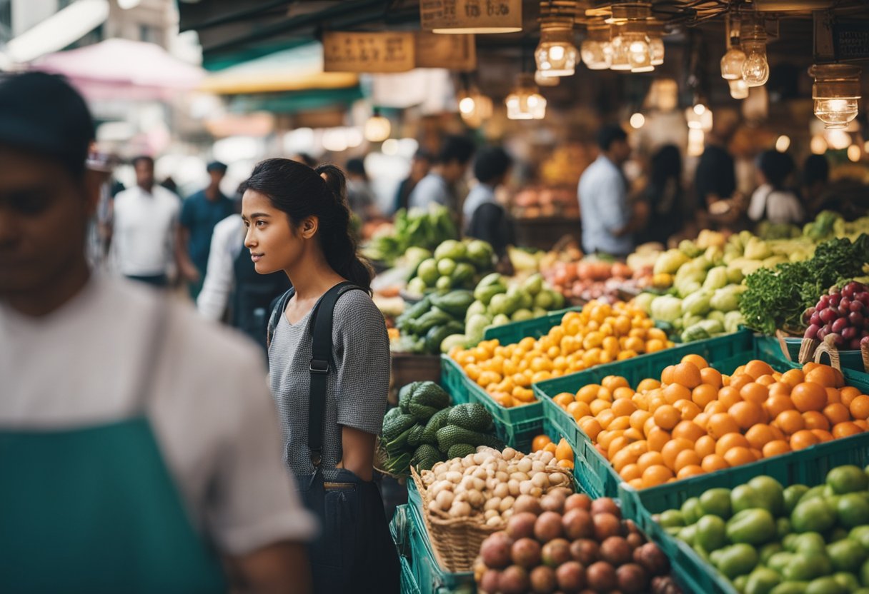 A bustling fresh food market with colorful stalls and vibrant produce, surrounded by enthusiastic shoppers and the sounds of vendors calling out their wares