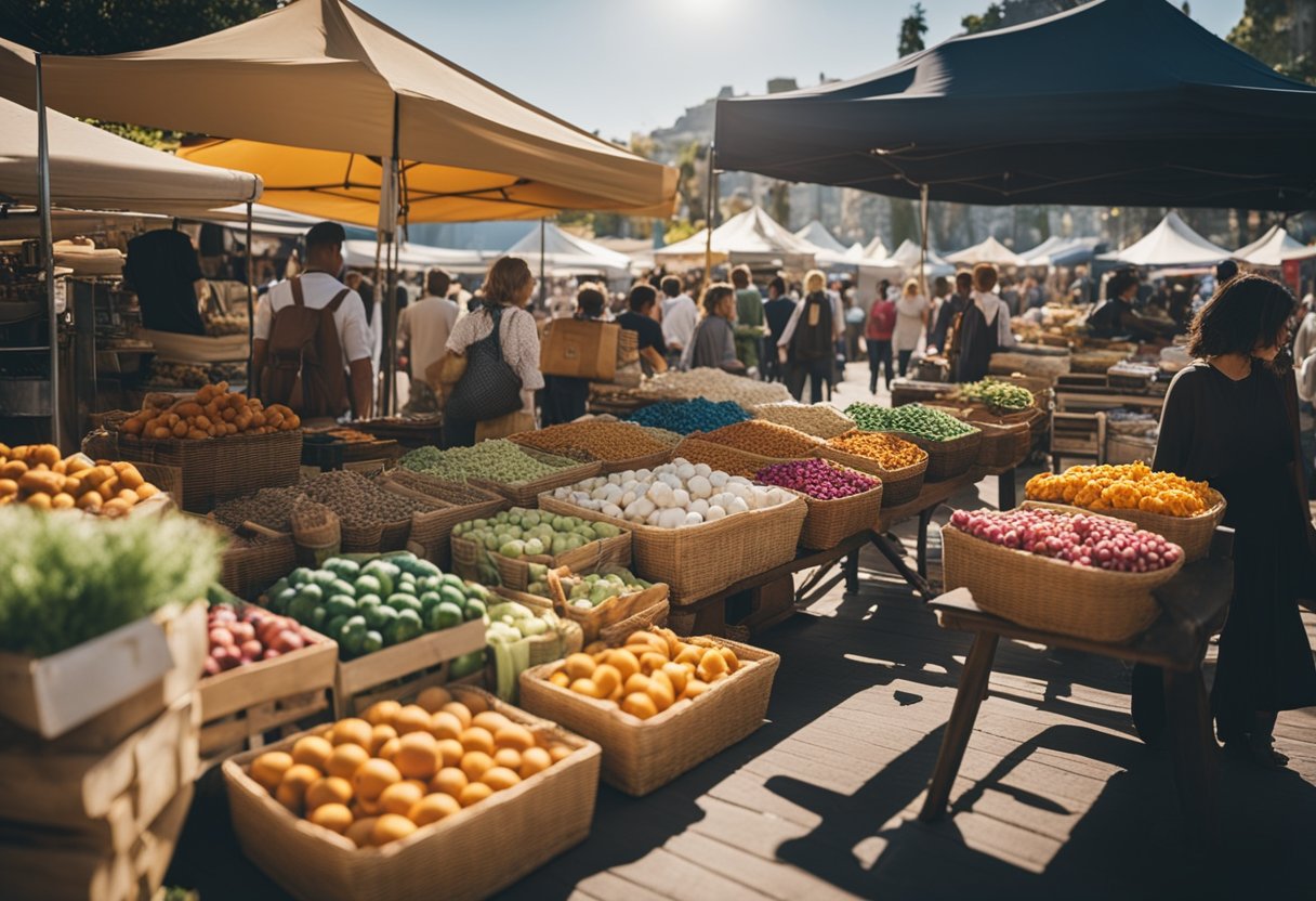 A bustling craft market with colorful stalls and diverse handmade goods displayed under a sunny sky