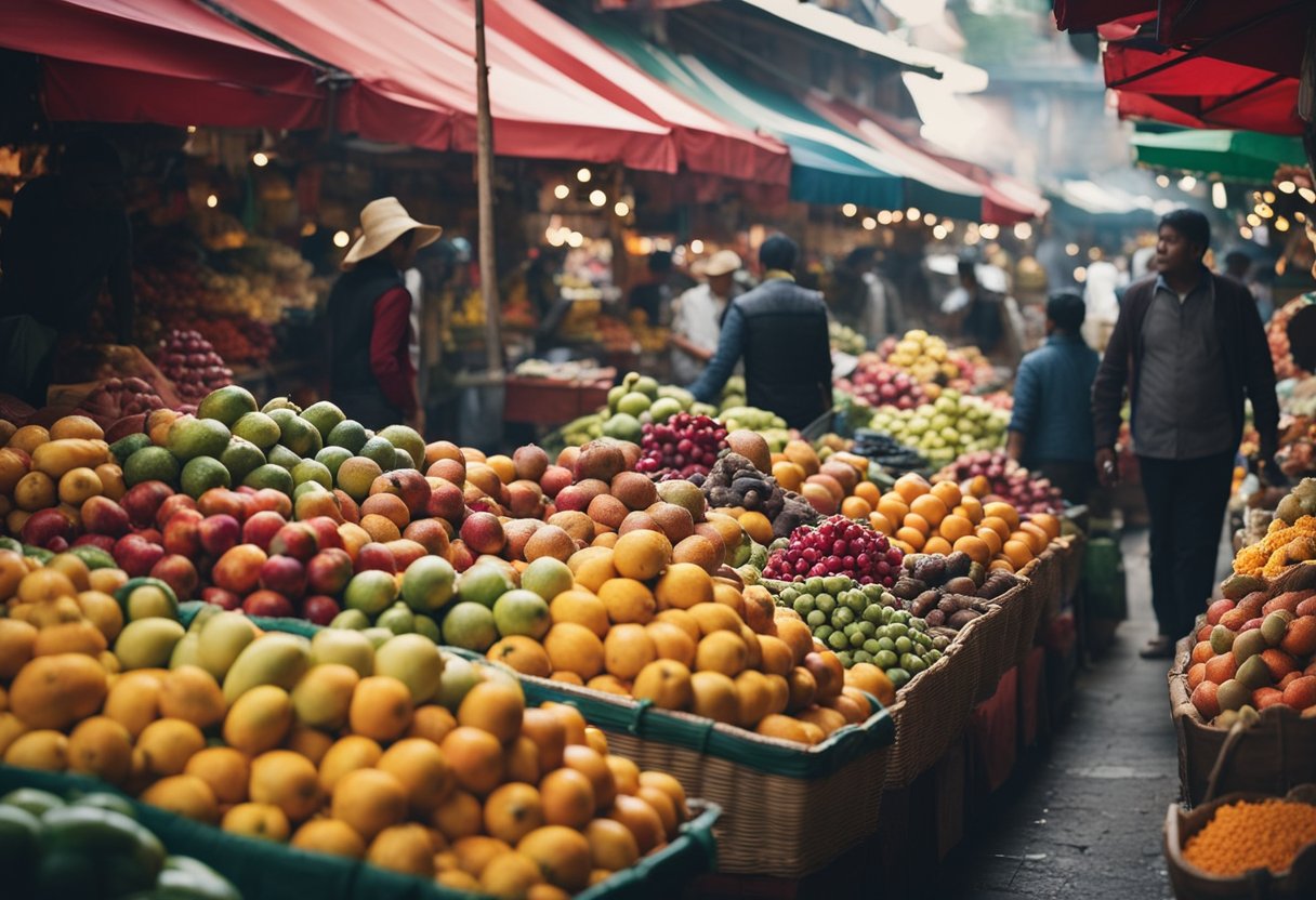 Colorful market stalls bustling with vendors and shoppers. Exotic fruits, spices, and crafts on display. A lively atmosphere filled with the sounds of bargaining and laughter