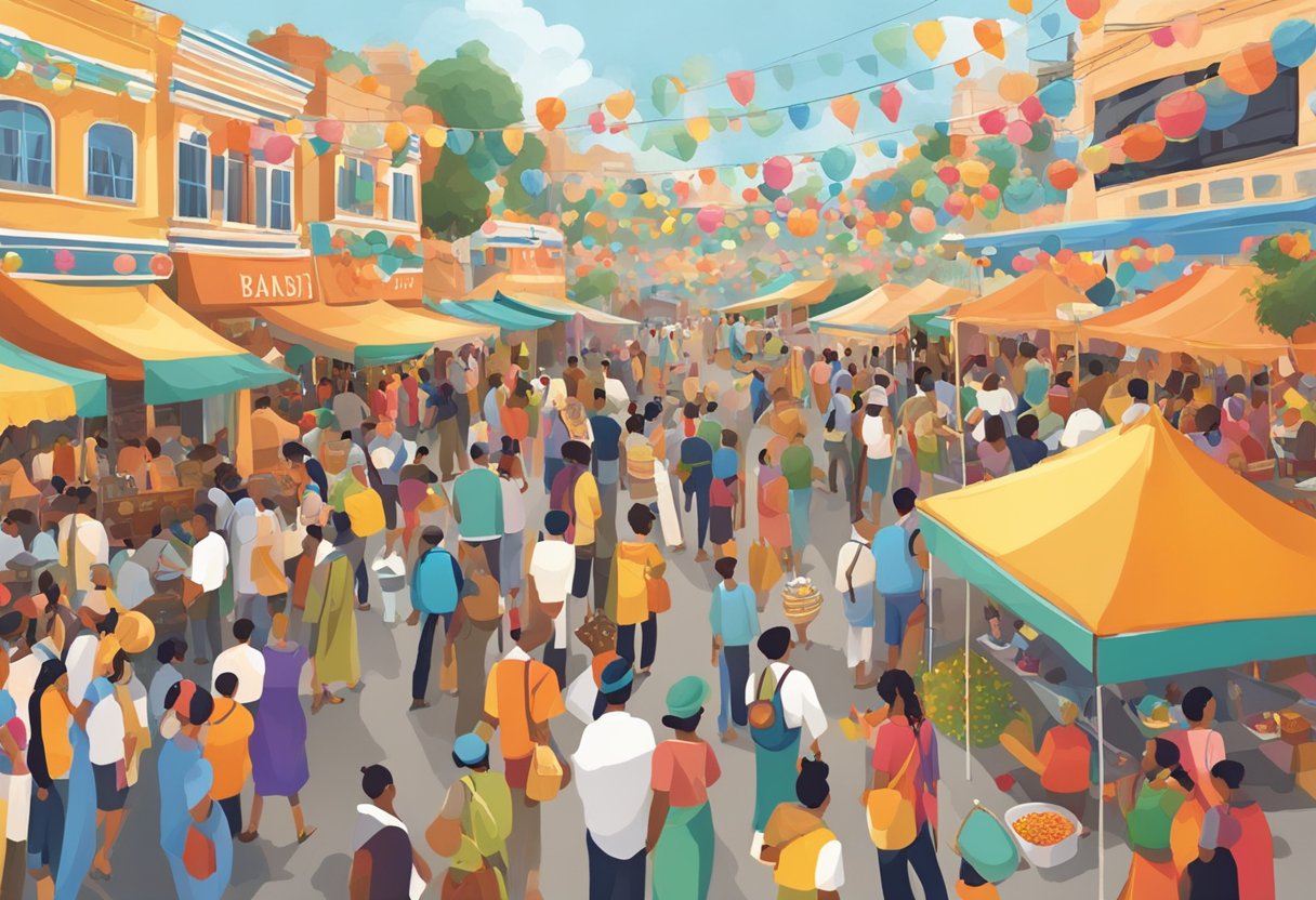 A bustling cultural festival with vibrant decorations, lively music, and diverse food stalls. Crowds gather to admire art and performances from around the world