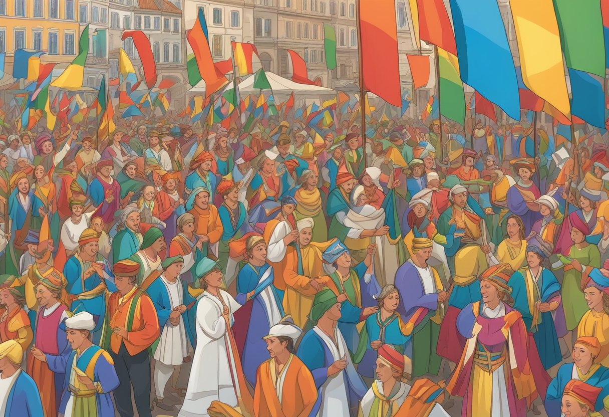 Vibrant cultural festivals in Europe, with colorful flags, traditional costumes, lively music, and joyful dancing