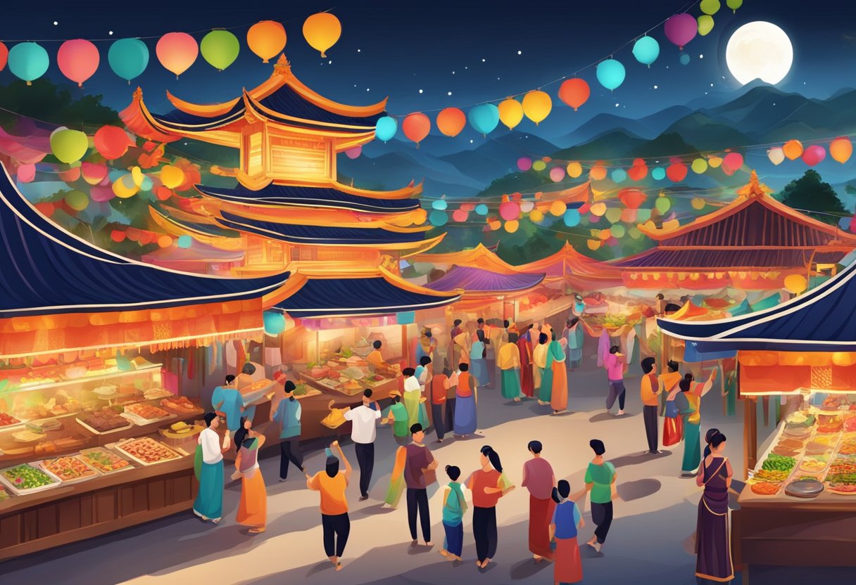 Vibrant Asian festival with colorful decorations, traditional music, and lively dance performances. Food stalls offer a variety of exotic cuisines