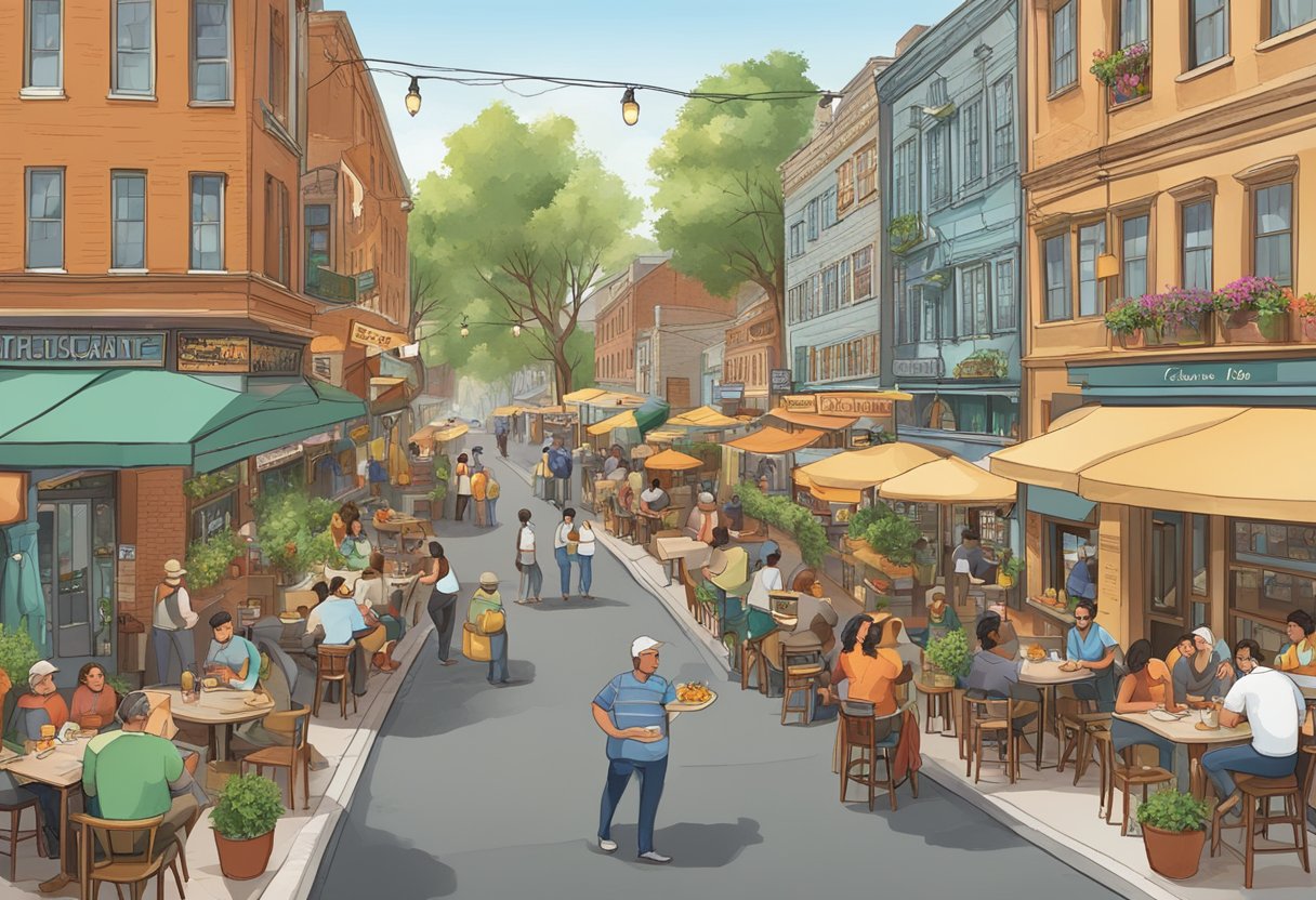 A bustling street with diverse restaurant and bar signs, showcasing local cuisine and ambiance. Patrons enjoy outdoor seating and lively conversations