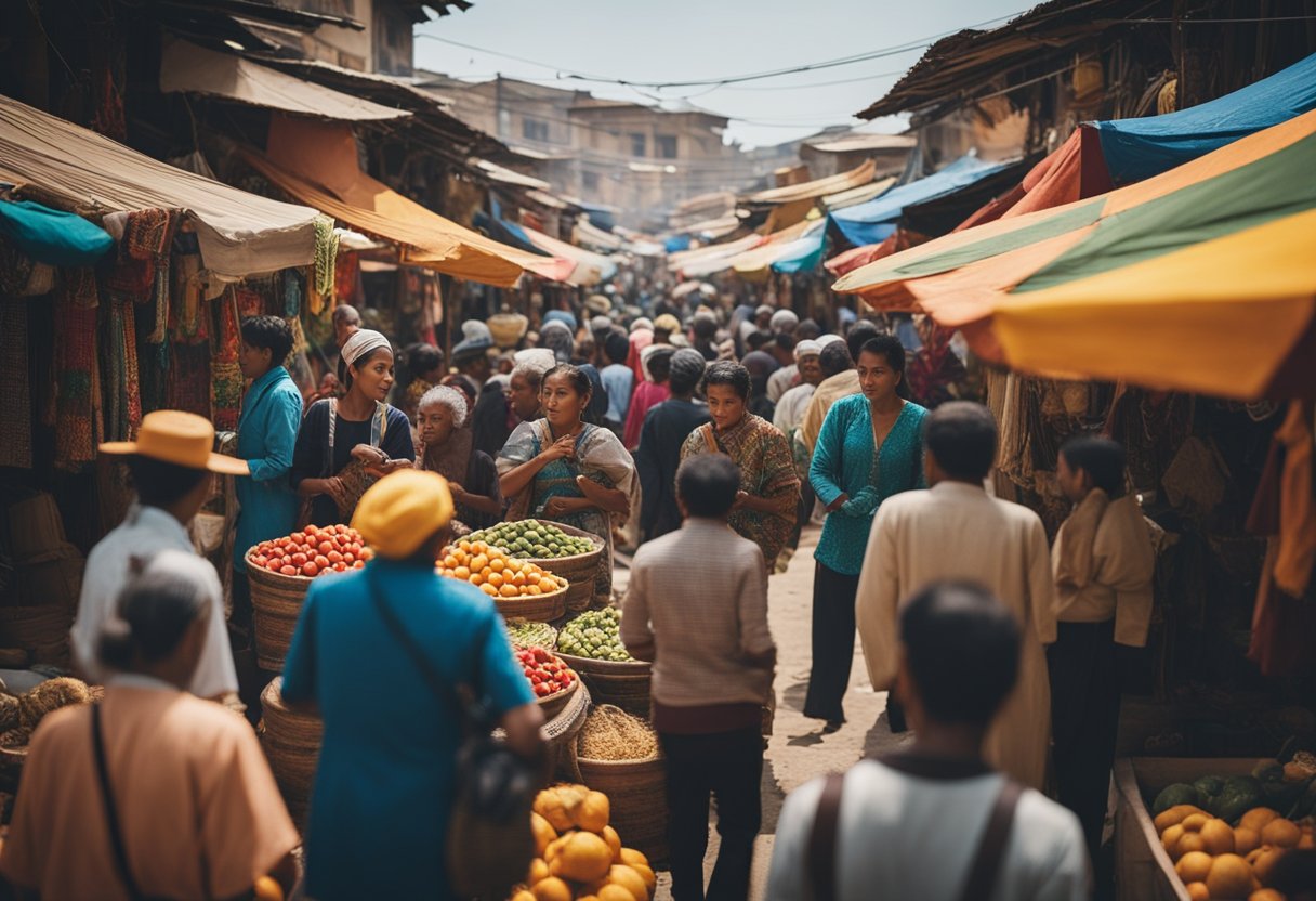 A vibrant marketplace with colorful textiles, traditional crafts, and local cuisine. People gather to share stories and learn about the rich cultural heritage