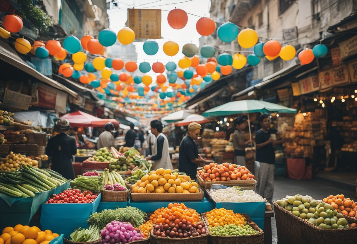 Vibrant street market with colorful art and literature displays, surrounded by local cultural landmarks