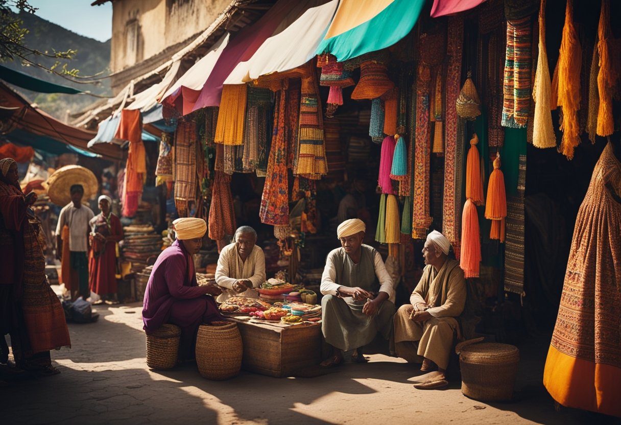 Vibrant market stalls display colorful crafts and traditional clothing. A group of locals gather around a storyteller, sharing tales of their rich cultural heritage